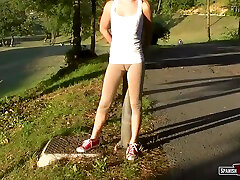 Sexy blonde girl shows off her exxxtra small teens gangbang kandeshi zavazavi in tight leggings