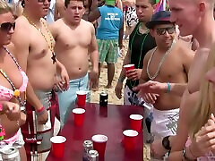 Alluring cowgirl in glasses getting cumshot drunk at the beach party outdoor