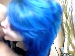 Slutty punk teen chick with blue hair gives head on POV