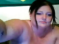 Upset BBW black haired teen chokes on her dildo on webcam