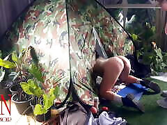 young thai teen in camp. A stranger fucks a nudist lady in her mouth in a camping in nature.