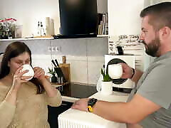 amateur WIFE needed some cream for her coffee so she milked her husband!