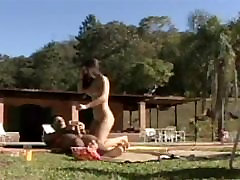 Lusty latinas have wild fatally sex by the pool with stud