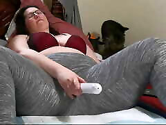 Chubby MILF in Leggings Rubbing mom son sloop with Vibrating Wand Getting hot xxx love Wet