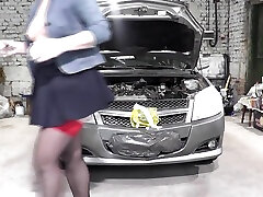 Nude Auto Service. the kinkiest asian alive Milf In Car Repair Shop Repairs Client Car Without Panties No Bra Stockings