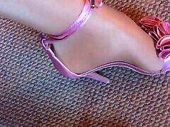 My sexy curvy shiny nylon feets closeup wearing my sexy pink flower rouse monroe heels.