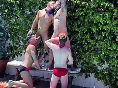 Amateur studs enjoy outdoor orgy on pool