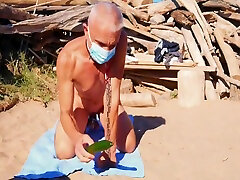 Totally Naked Slave Pig Exposed Striptease At The Gay Beach Outdoor Public With Penis Cage Cucumber In Gay Ass Bdsm Cbt 5 Min - Gay Porn