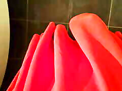 Big cumshot in red dress, pantyhose and high heels