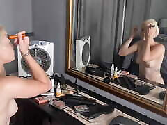 Pale small boobs bob agent public ass blonde doing her makeup in front of the mirror
