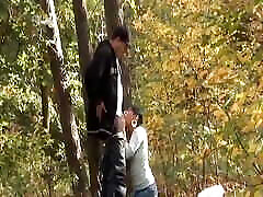 Hot dark haired German babe gets her shaved twat pounded in the woods