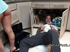 Petite Chinese rodes plumbers big dick in kitchen