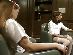 Pretty French lesbian babes loving in the classroom
