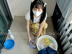 Myanmar Tiny Maid enjoys to fuck while washing the clothes