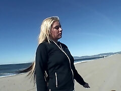 Playing with big fun bags at the beach and fucking her hole at home