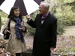 English black chick with perky implants has sex in stockings