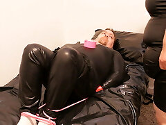 Mistress M and her hogtied gimp