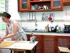 Ravioli Time! Bare Cooking. Regina Noir, a nudist cook at nudist hotel resort. Nude maid. Nude housewife. Camera 1
