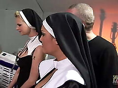 Two naughty nuns get surprised with big rock hard cocks