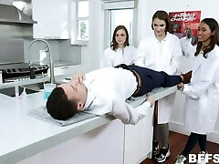 Three lab assistants deep-throat one cock and enjoys reverse ganbang for the first time
