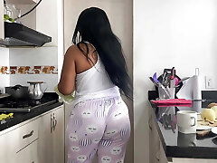 MILF step-mother enjoys making breakfast and fucking her big cock stepson.