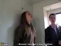 Russian brunette cutie seduces a man in the electrified train
