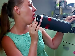 Girl try to simulate a threesome and test an epic sex toy - male masturbator