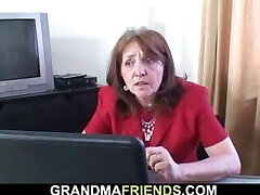 Old granny boss swallows two meatpipes on work place