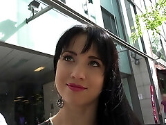 Colorful Russian dame sucks a cock in public for some cash