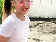 Schoolgirl romping on porch, jism busted all over.