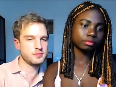 Hot slim ebony teenage babe takes white cock in both fuckholes live
