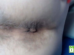 Toying and fingering super hairy asshole, extreme close up