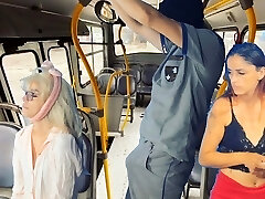 Worker takes stick out and thighs femmes on public transport!