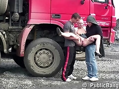 Construction website PUBLIC gangbang with a young pretty girl