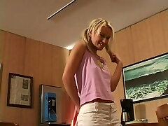 Ponytailed babe in miniskirt enjoys tough asshole pounding and gulps cum