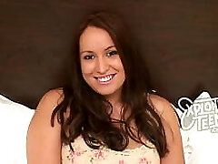 Brand new brunette teen with big tits and a plump butt sucks cock