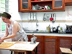 Ravioli Time! Naked Cooking. Regina Noir, a nudist cook at naturist motel resort. Nude maid. Nude housewife. Camera 1