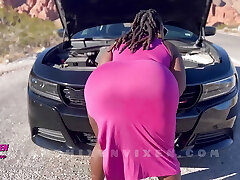 Fat Dark-hued Woman Fucks in Front of the Vehicle with a Stranger with a Big Schlong