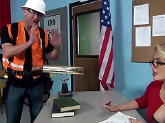 Blonde with glasses letting the bald geezer plow her in the classroom