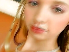 Slender looking German teen gets her mouth crammed with cum