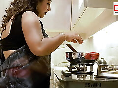 Stepmom fucked by her stepson in kitchen-- Step-mother satiate her Stepson by giving him her Big Ass