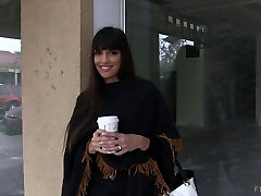 Adorable dark-haired babe wants to flash you her sweet boobs