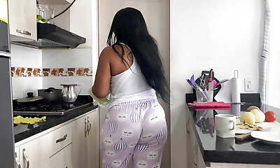 MILF stepmom luvs making breakfast and fucking her large cock stepson.