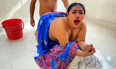 While the Desi stepmom washes bra & panties, stepmom took off the stepson's pants and Naked him, Then asks him to smash her - Jizz