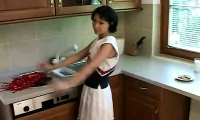 Wonderful ultra-cute short hair brunette cheerleader undressing