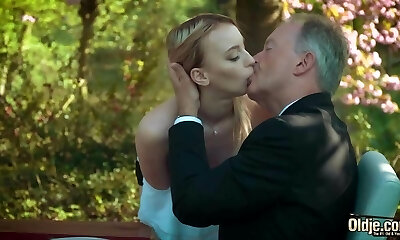 Young blonde moaning fucking an old man she drinks his jizm