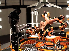 Male android plays with a horny girl in restraints