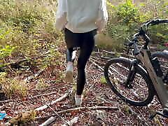 Risky sex in public, hot young girlfriend with big tits fucked and jerked off in the woods