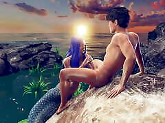la sirena dai capelli blu succhia il cazzo, portandolo in profondità nella sua gola