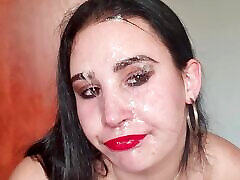 Deepthroat small tits slut spit play, gagging on dildo and hand